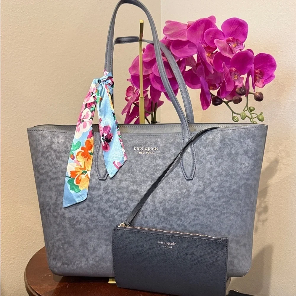Kate Spade Gray Tote with Floral Scarf and Pouch designer purse wristlet